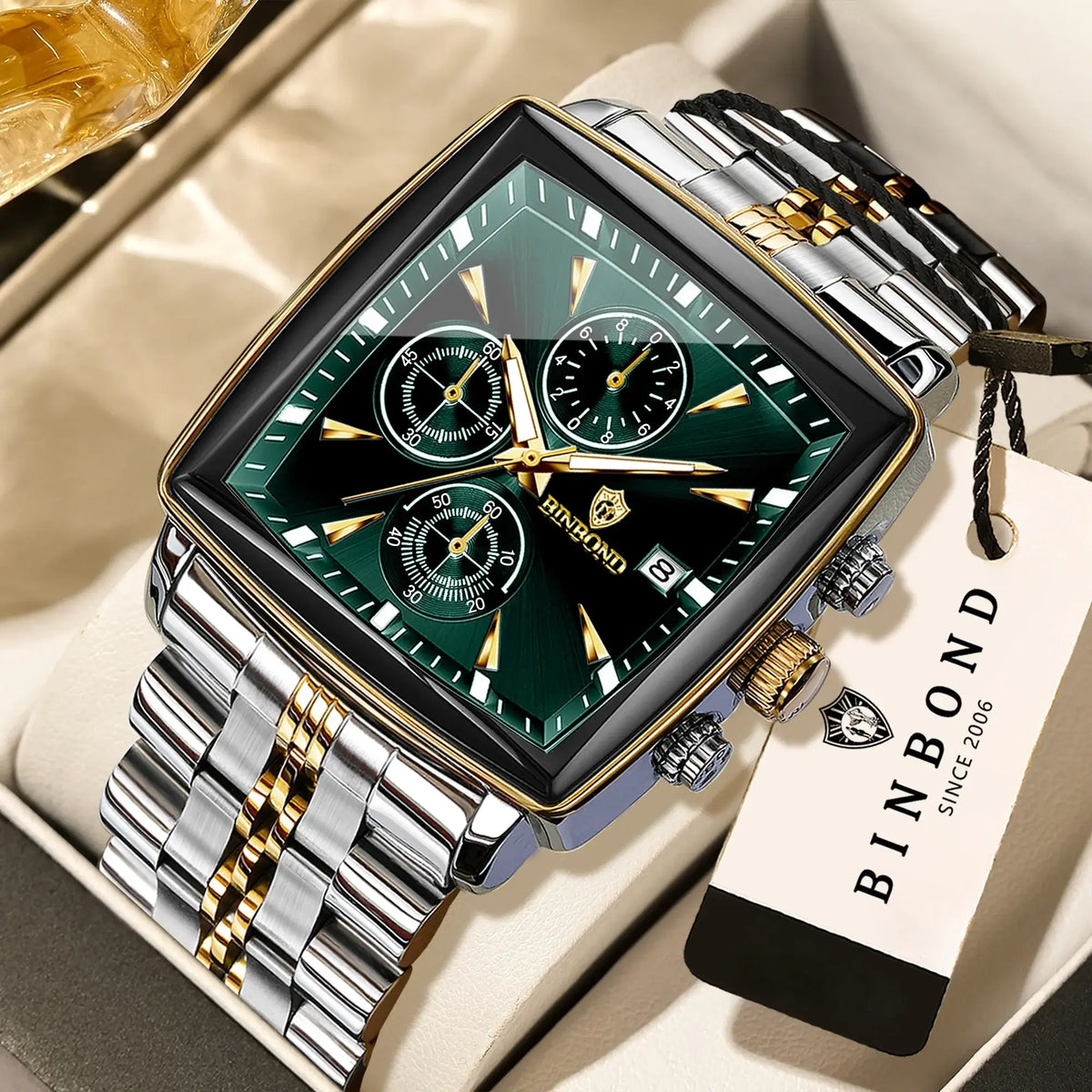 BINBOND Luxury Quartz Watches for Men Auto Date Chronograph Luminous Waterproof Men's Watch Business Sport Fashion Casual Reloj displayed on a cushion.