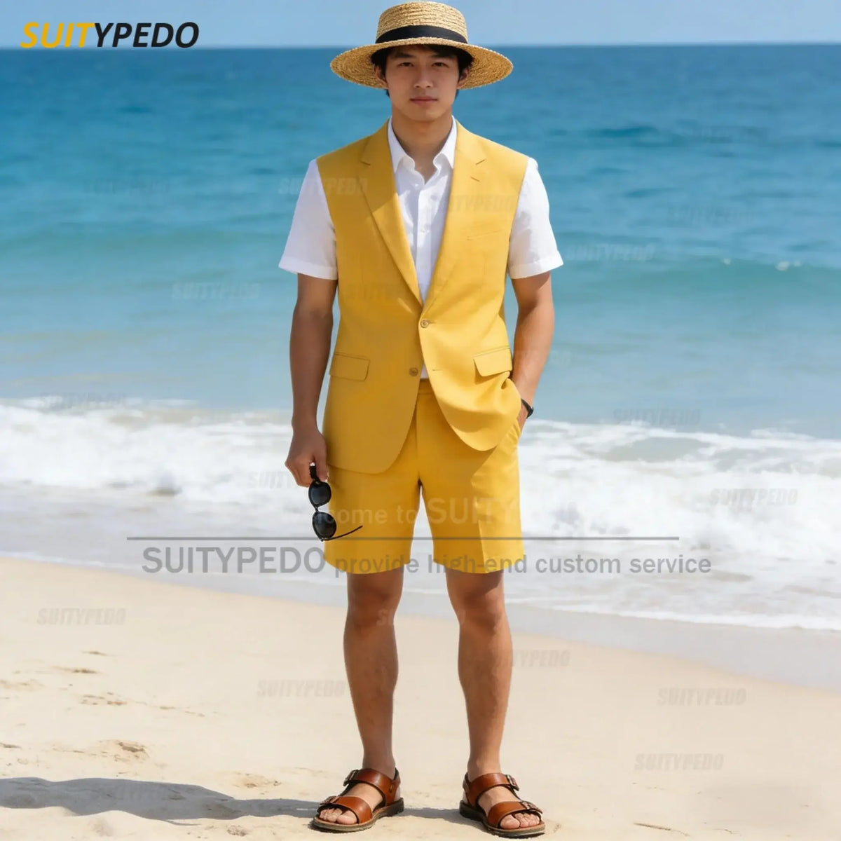 Men's Sleeveless Single-Breasted Blazer and Shorts Two-Piece Suit