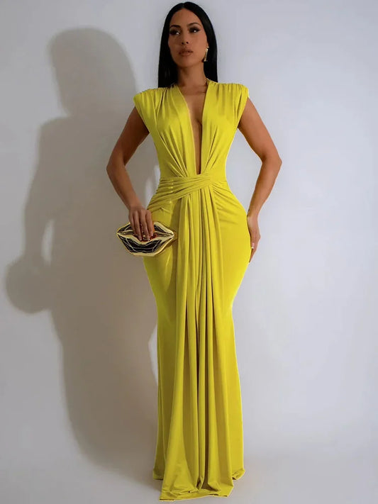 Women's Ruched Deep V-Neck Bodycon Maxi Dress