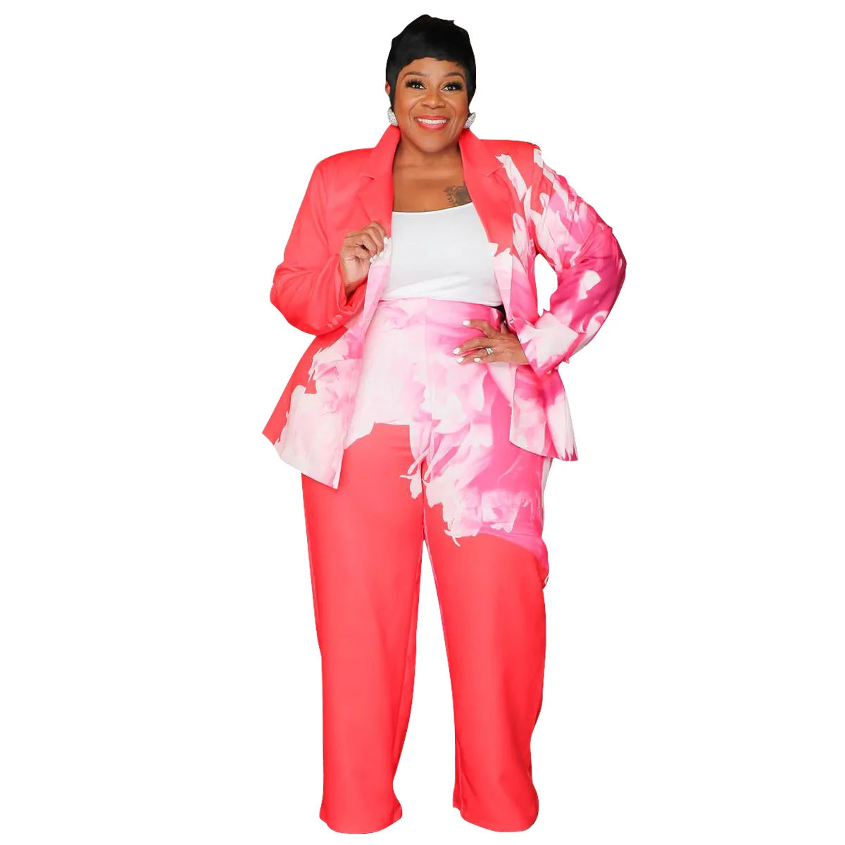 Women's Plus Floral Print Blazer and Wide-Leg Pants Set