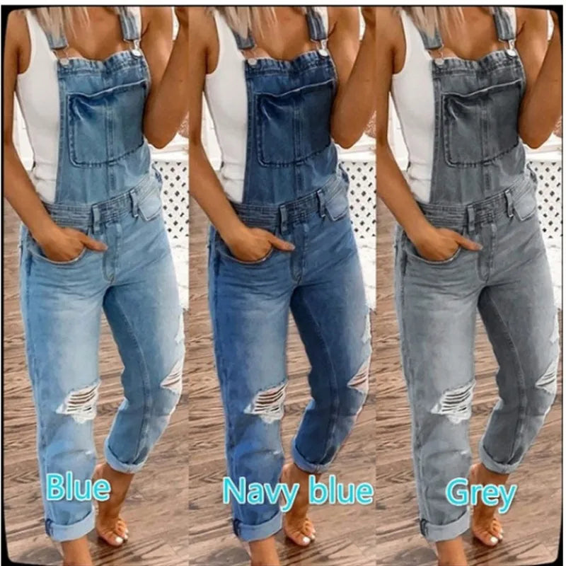 Women's Ripped Suspenders Denim Jumpsuit