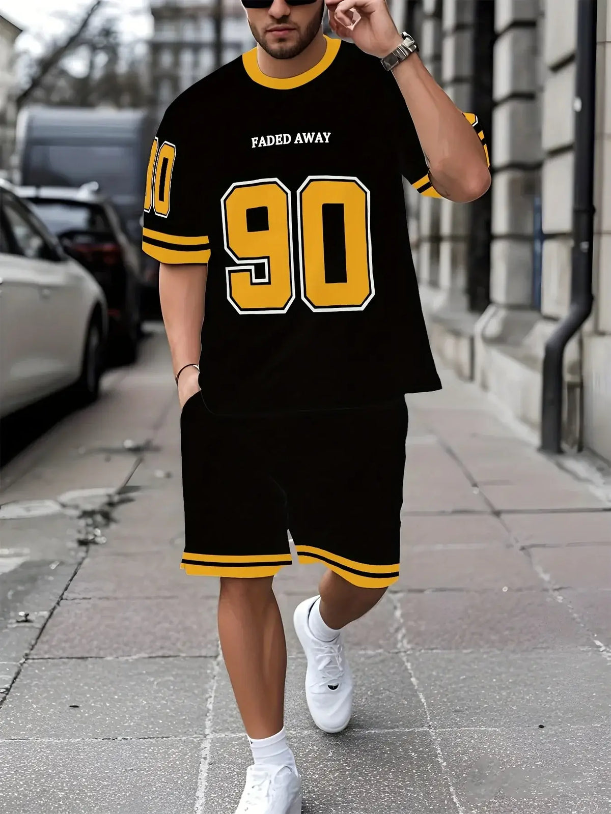 Men's Loose Graffiti-Print Crew-Neck Short-Sleeve T-Shirt and Shorts Set