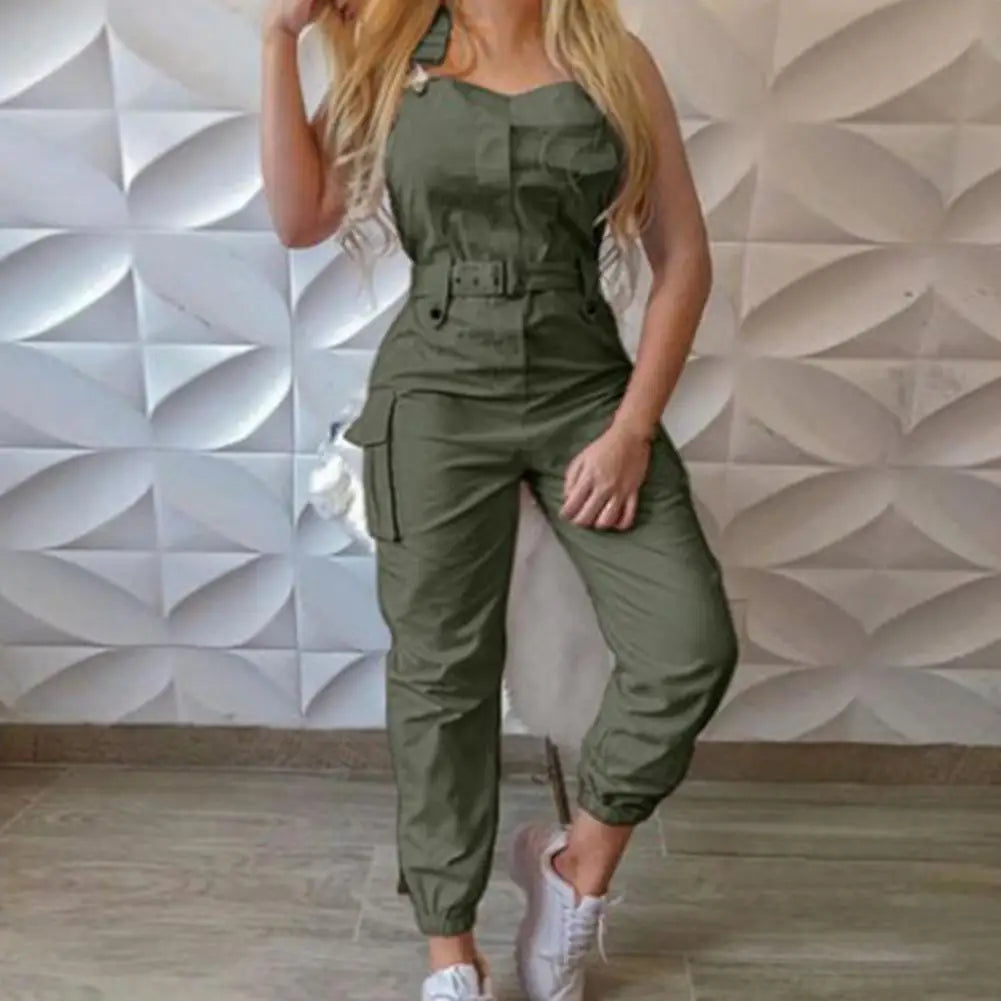 Women's High-Waist Halter Cargo Jumpsuit, Slim Pocket Overalls