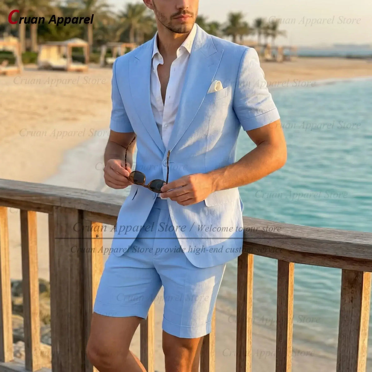 Men's Slim Fit Linen Beach Wedding Short Suit, 2-Piece
