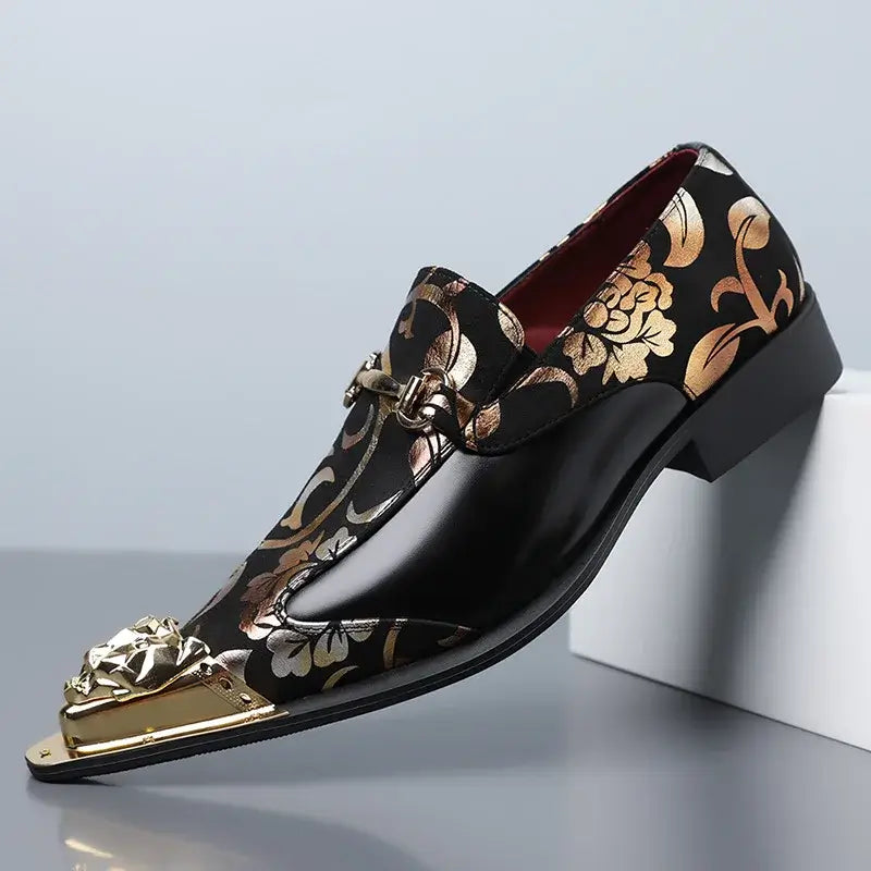 Men's steel-toe cap toe oxford dress shoes black gold floral