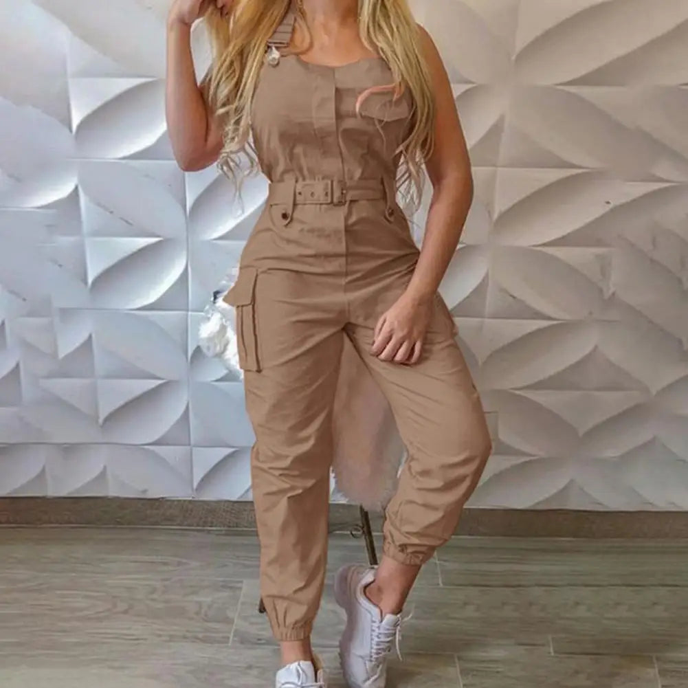 Women's High-Waist Halter Cargo Jumpsuit, Slim Pocket Overalls