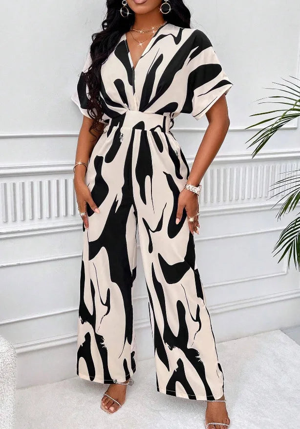 Women's V-Neck Short-Sleeve Printed Wide-Leg Jumpsuit