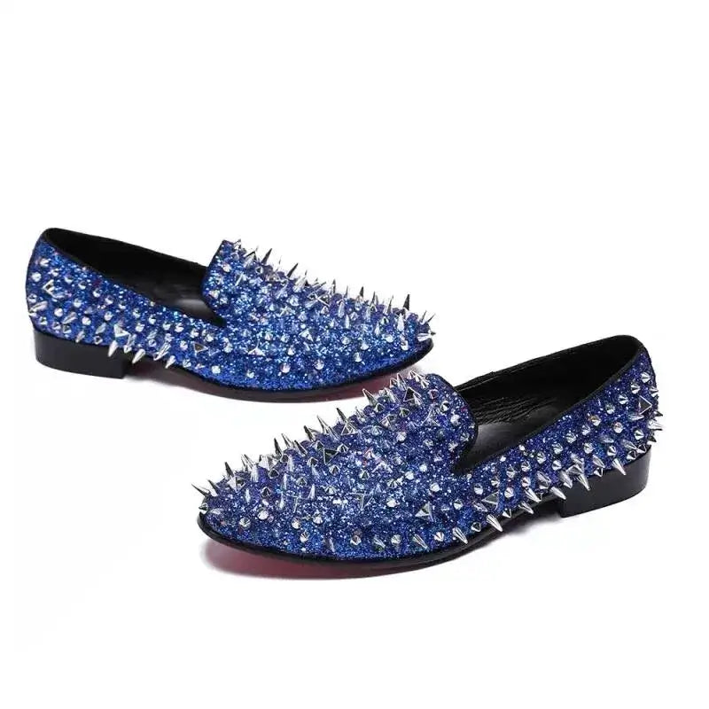 Men's Blue Bling Spike Slip-On Loafer Dress Shoes