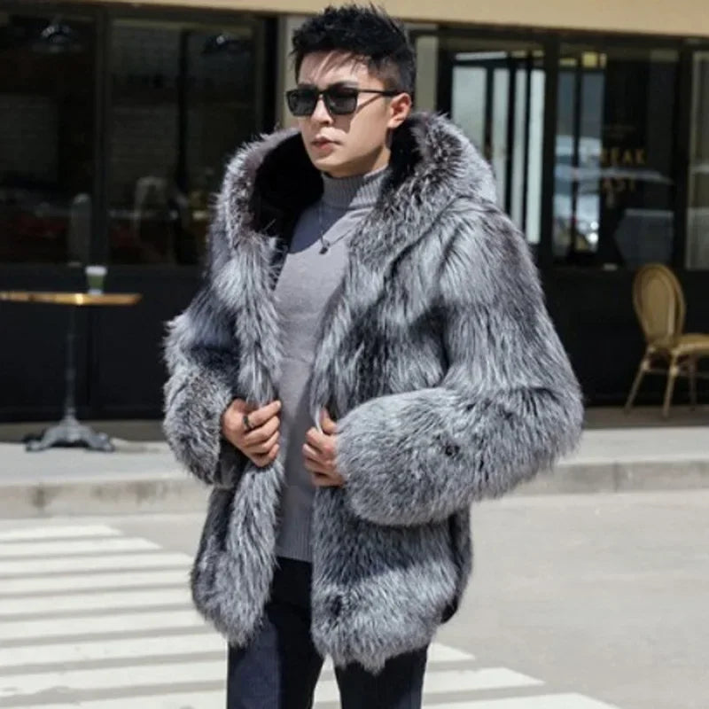 Men's Hooded Thick Faux Fox Fur Winter Parka Coat