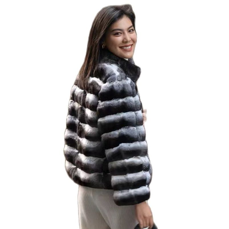 Women's Rex Rabbit Fur Chinchilla Stripe Winter Coat