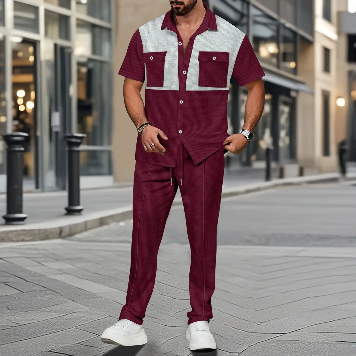 Men's Color-Block Short-Sleeve Shirt & Pants Set