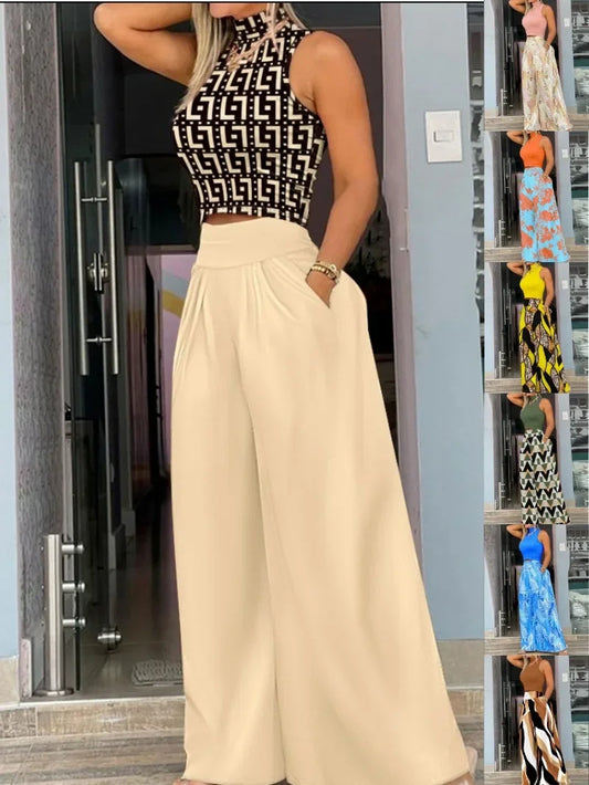 Women's Sleeveless Turtleneck Top and Wide-Leg Pants Set