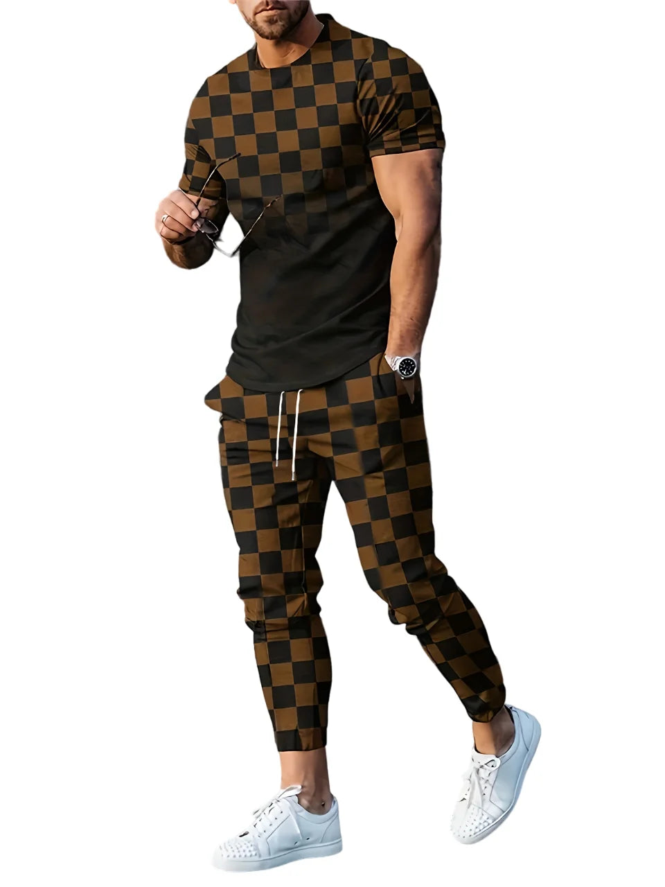 Men's Casual Short Sleeve Long Pants Drawstring Two-Piece Suit