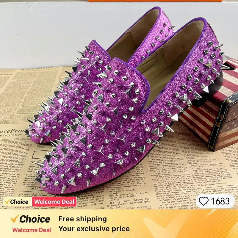 Men's Blue Bling Spike Slip-On Loafer Dress Shoes