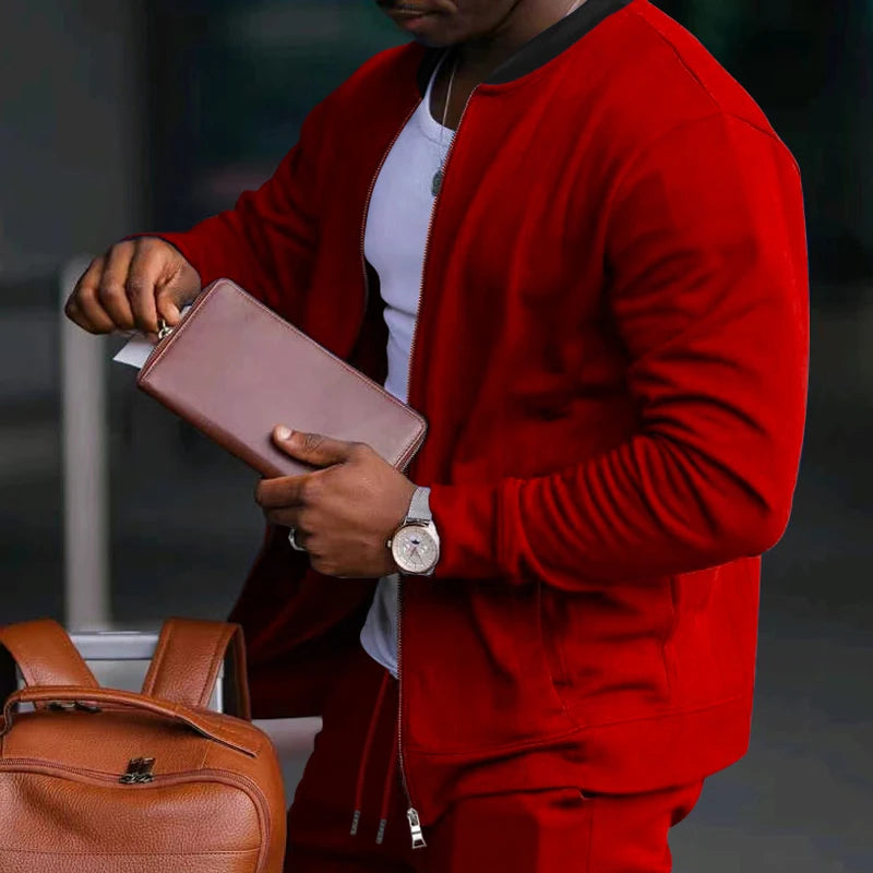 Men's Solid Stand-Collar Zip Jacket and Pants Set