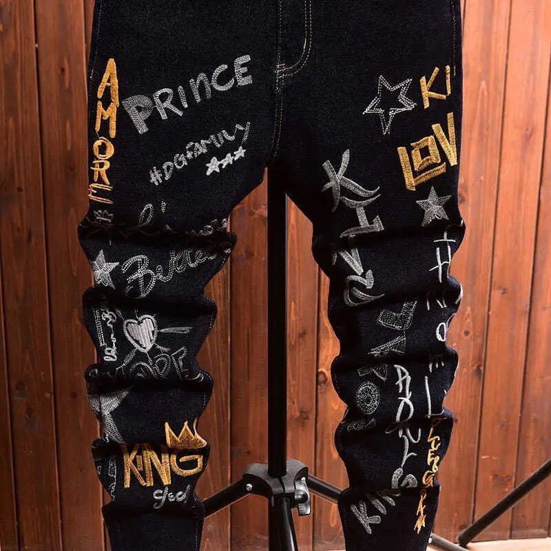 Men's Embroidery Badge Retro Cargo Black Denim Jeans