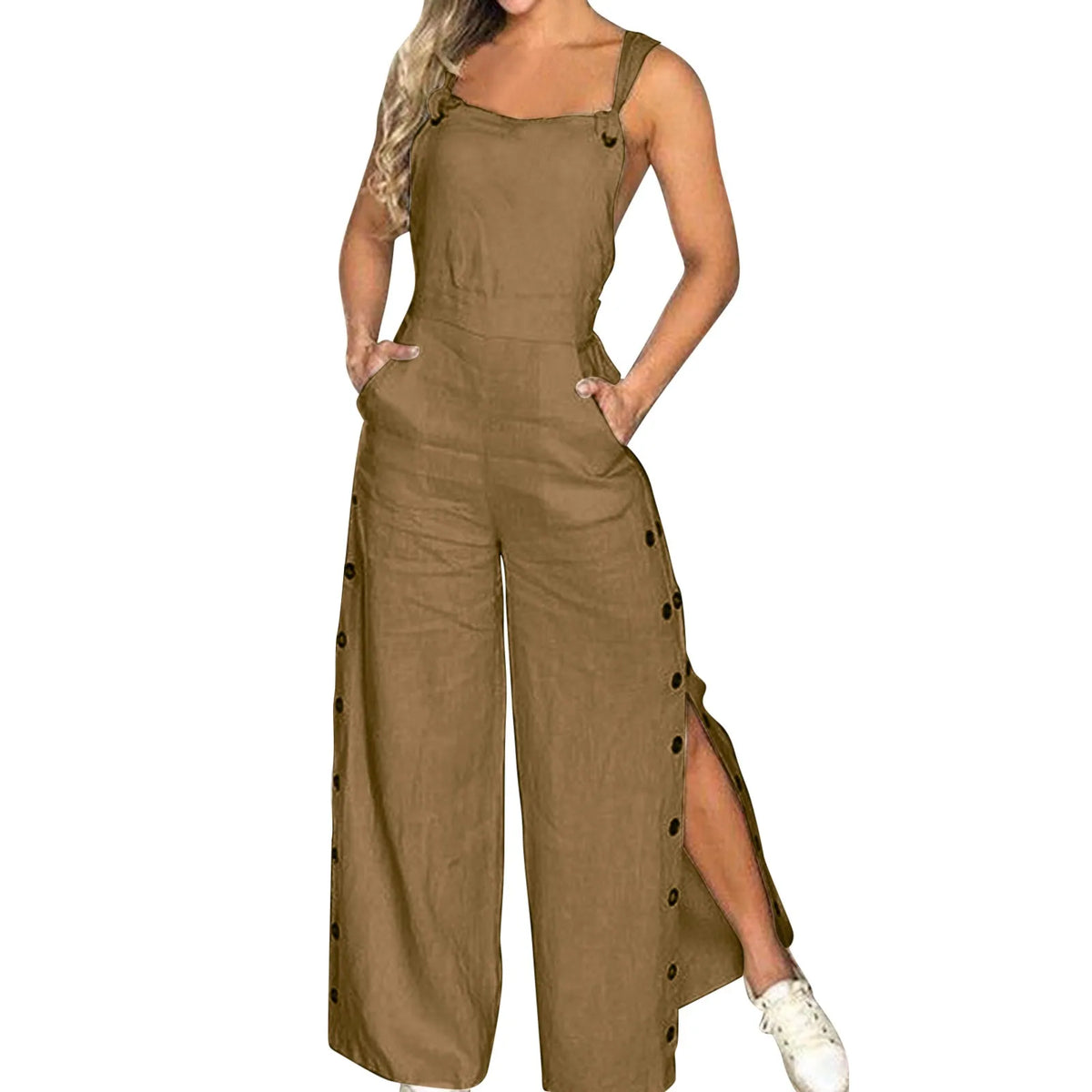 Women's Summer Sleeveless Cotton Linen Playsuits Strappy Side Button Opening Overalls Loose Long Wide Leg Pants Female Jumpsuits