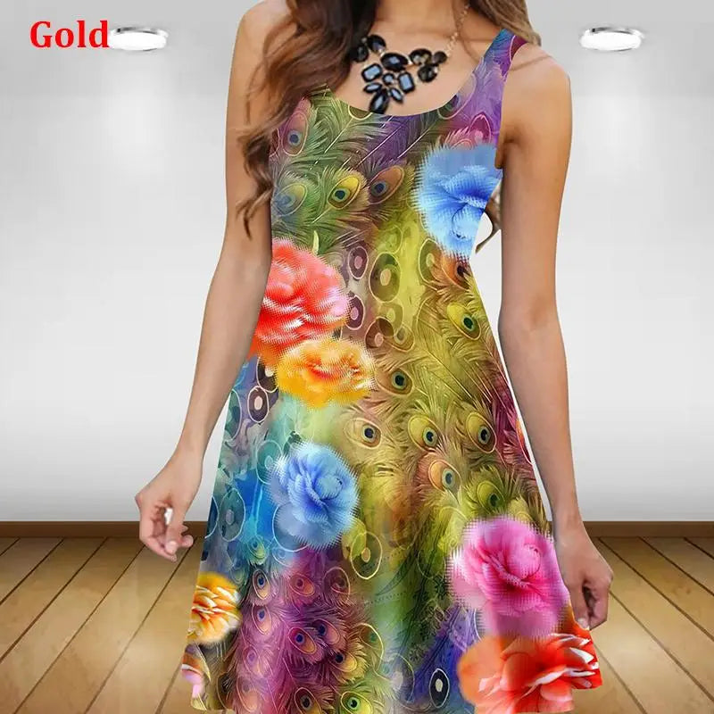 Women's Floral 3D-Print Sleeveless A-Line Summer Sundress