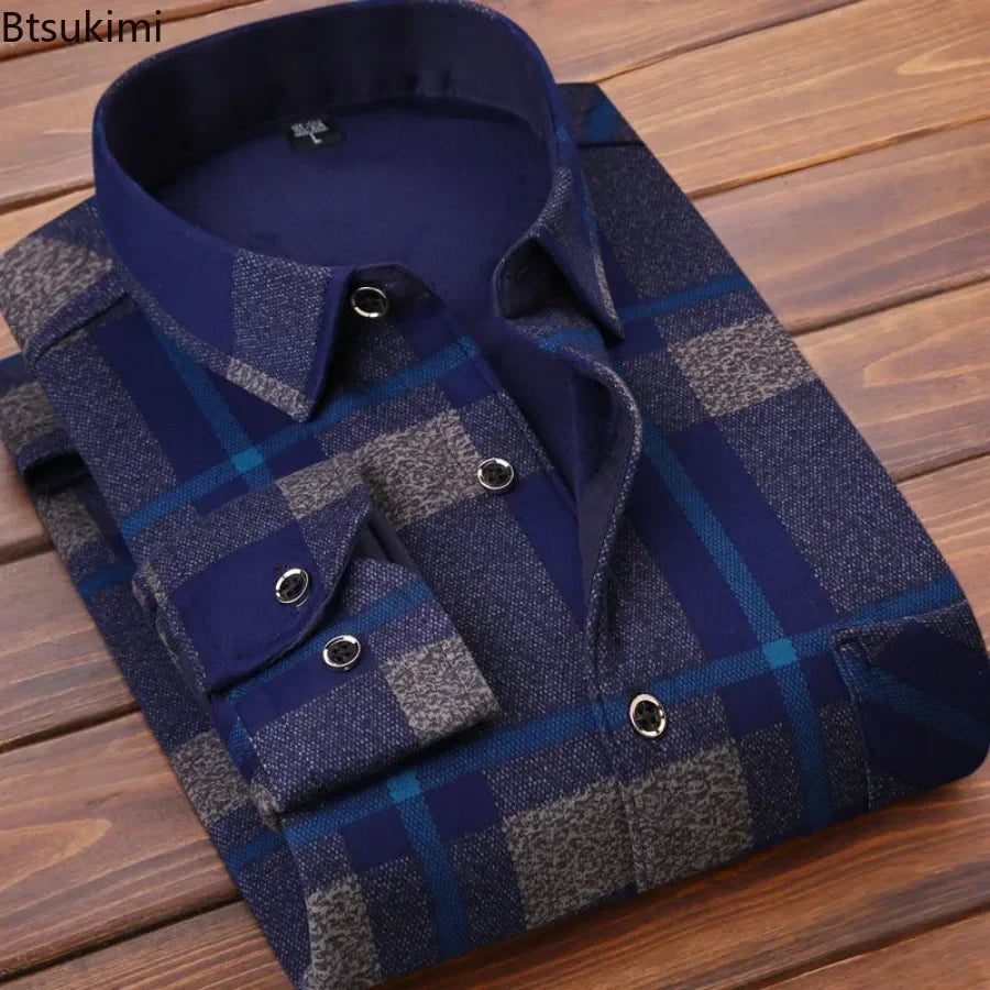 Men's Winter Plaid Flannel Fur Lined Fleece Dress Shirt