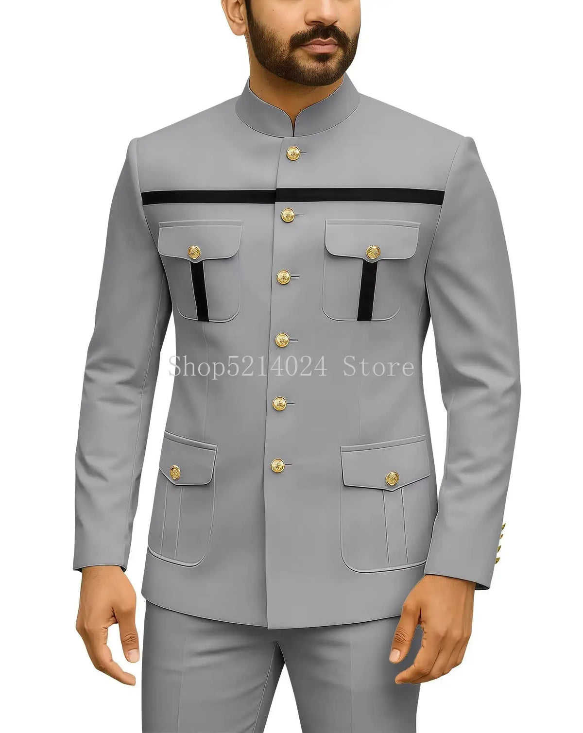 Mens Safari Suit 2 Piece Regular Fit Chinese Suit Stand Collar Gold Button Blazer Pants Set African Outfits