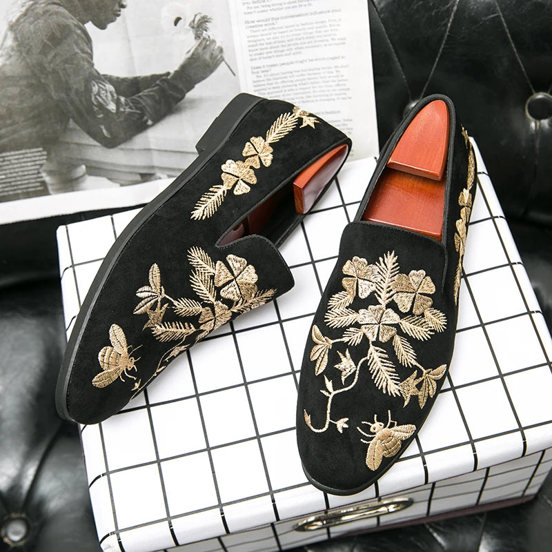 Men's Black Flock Embroidered Slip-On Dress Loafers