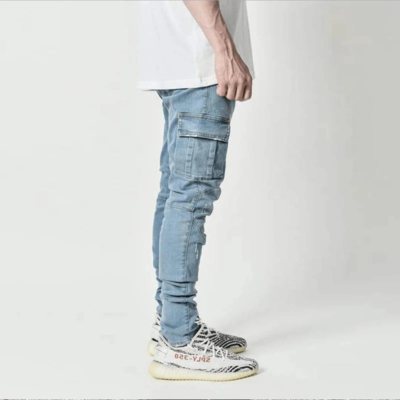 Men's Solid Wash Mid-Waist Multi-Pocket Denim Cargo Jeans