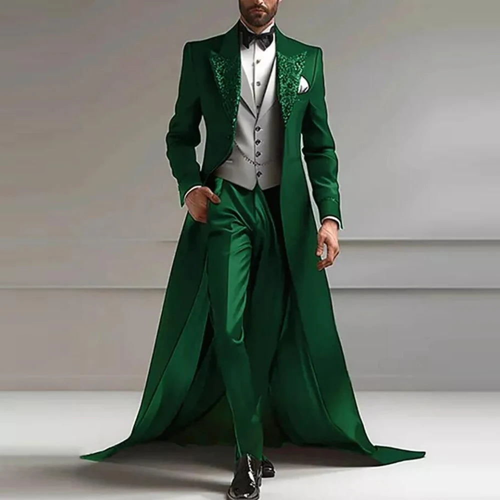 Men's Sparkly Sequins Lapel Prom Tuxedo 3-Piece With Train