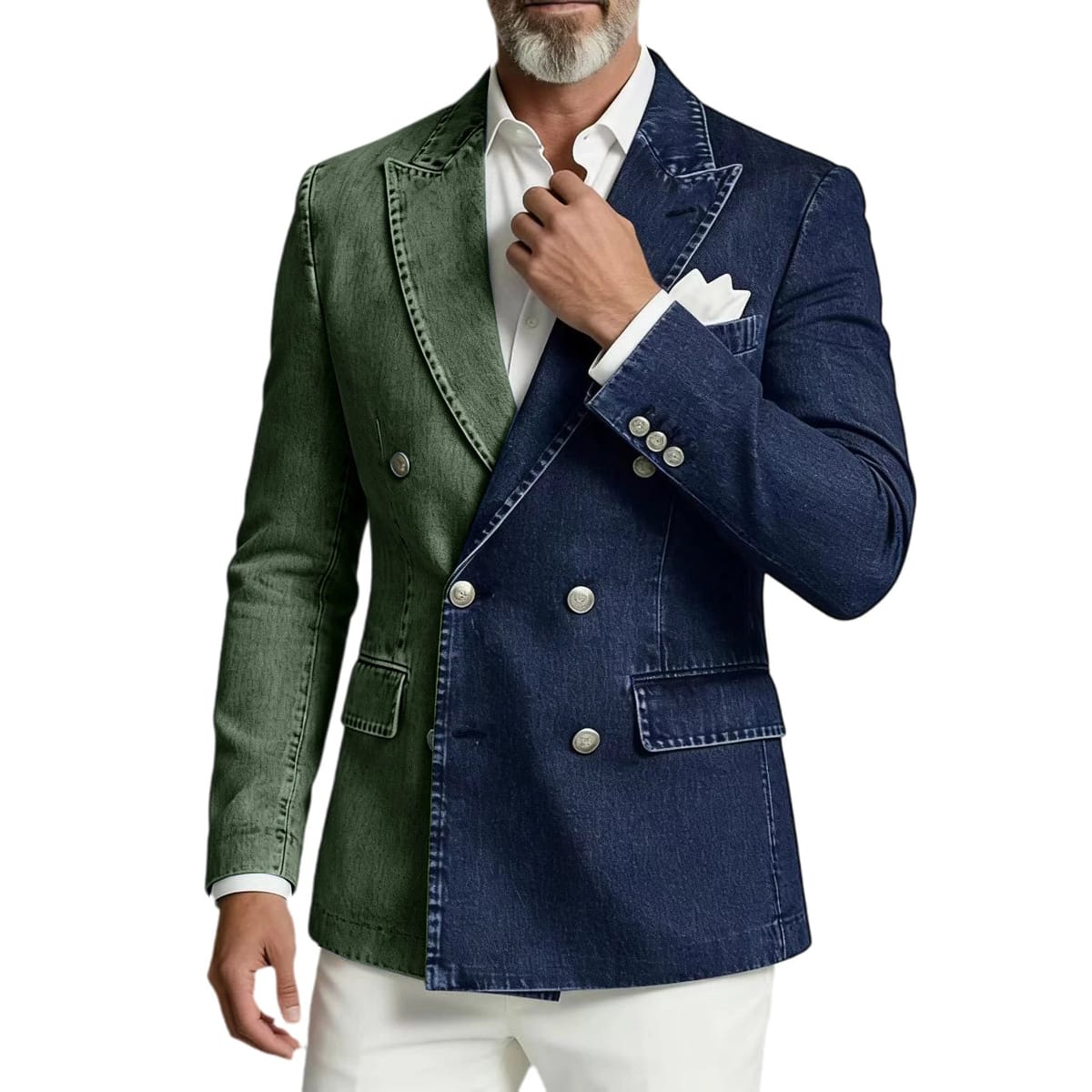 Men's Spliced Denim Peak Lapel Double-Breasted Blazer