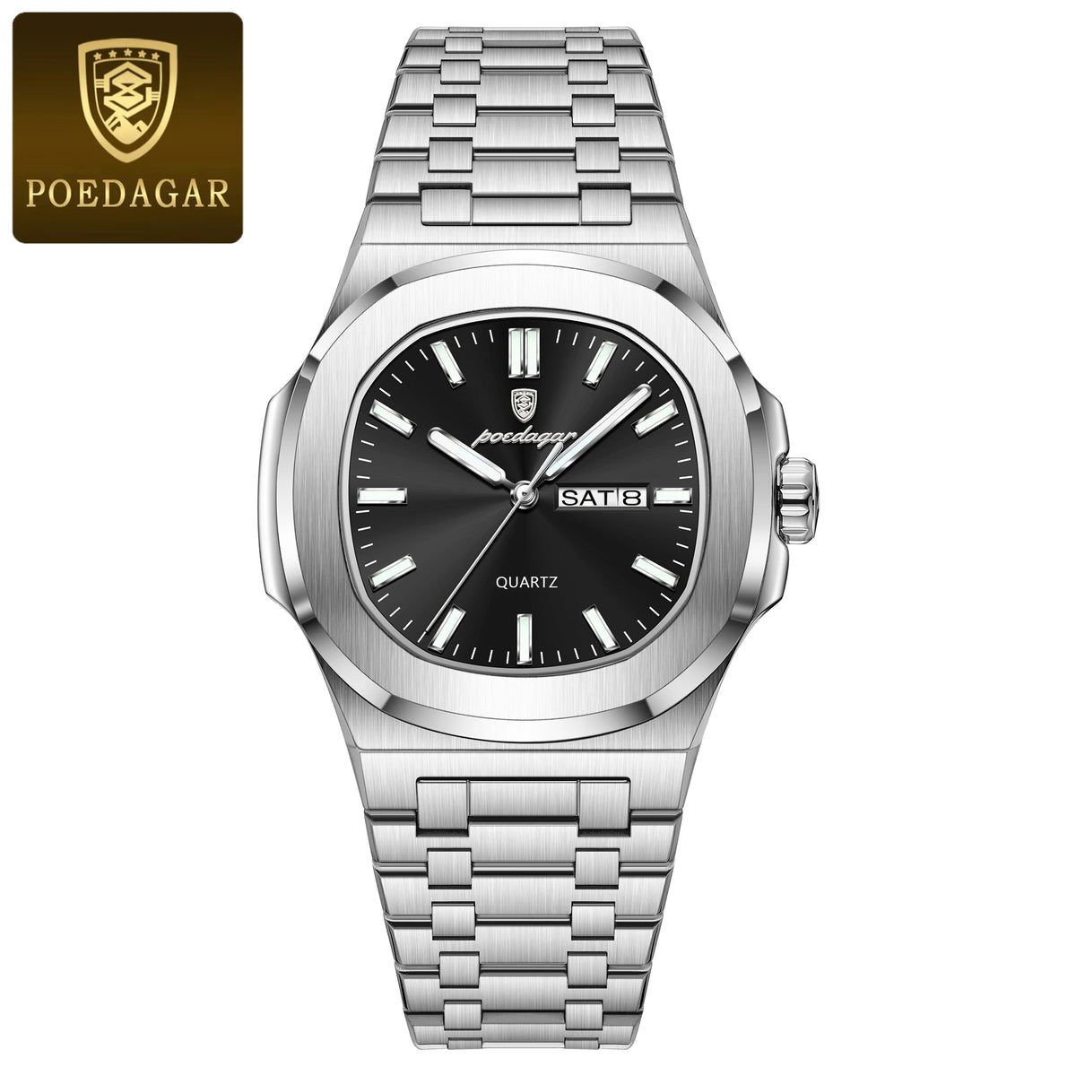 Men's Square Stainless Steel Date Week Quartz Wristwatch