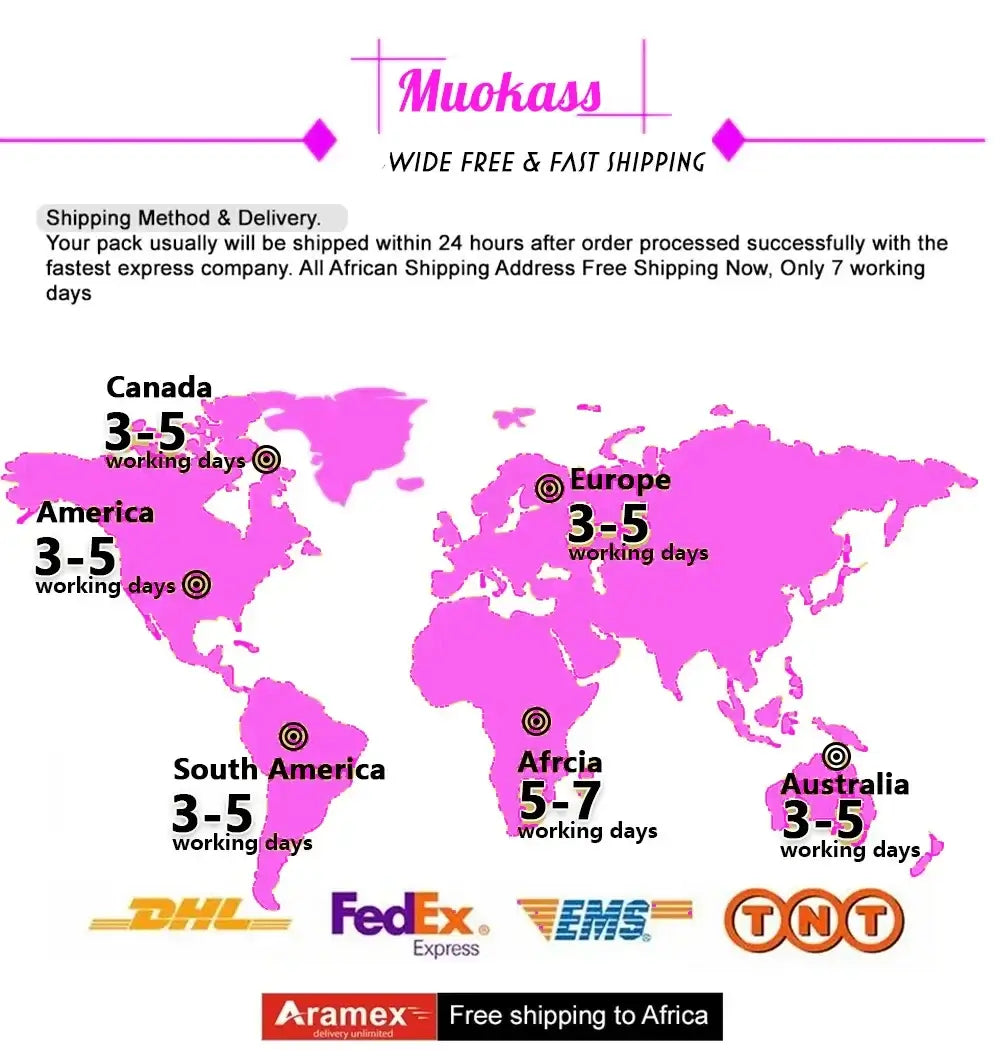 Muokass shipping information map showing delivery times for various regions worldwide.