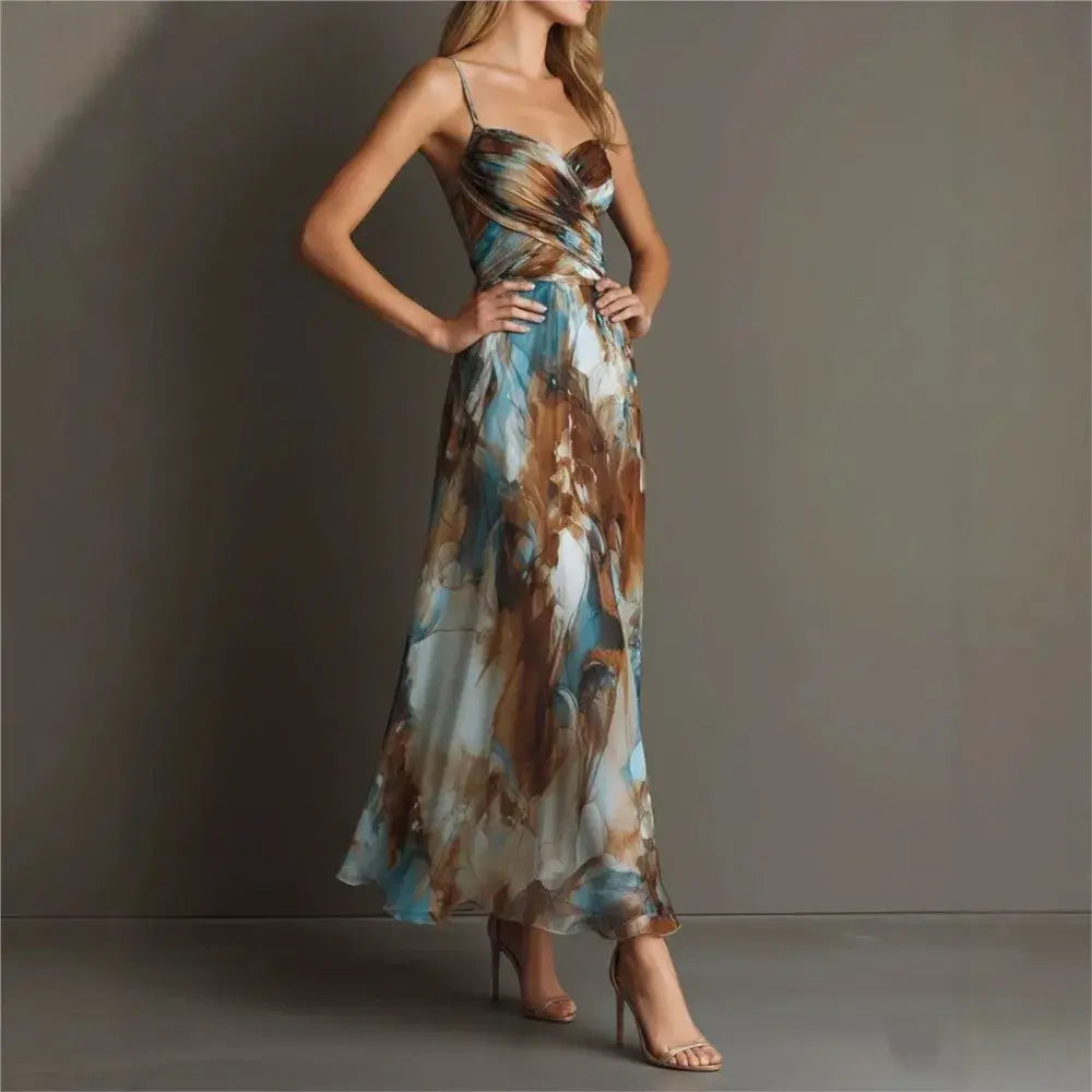 Women's Strap Beach Print Backless Long Dress