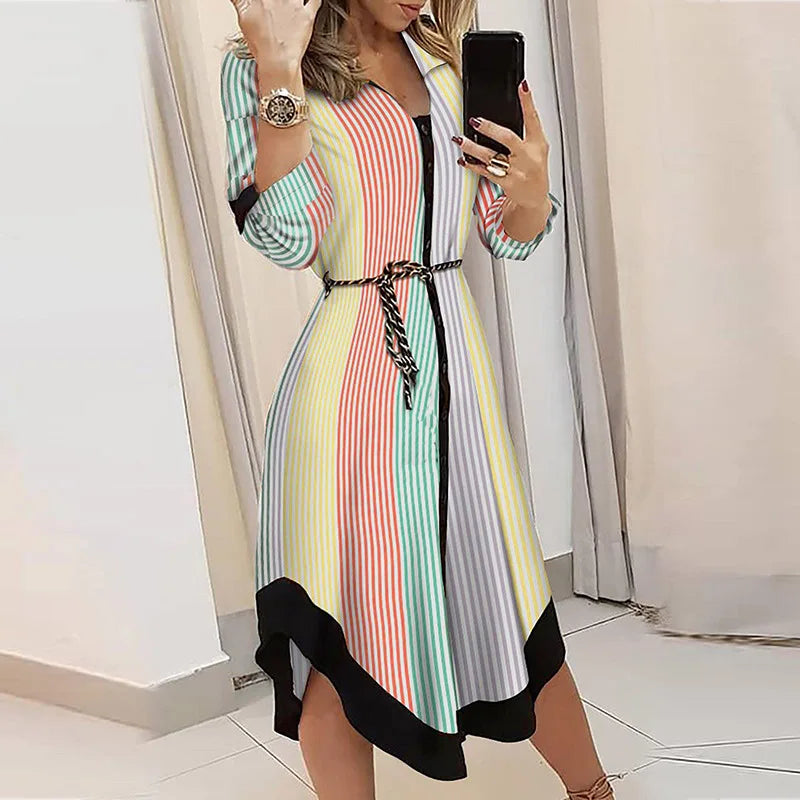 Women's Autumn Print V-Neck Lace-Up Long Sleeve Slim Midi Dress