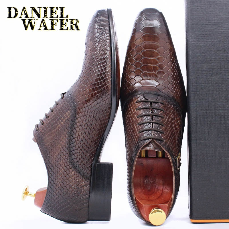 Men's Snake Print Leather Lace-Up Pointed Oxford Dress Shoes