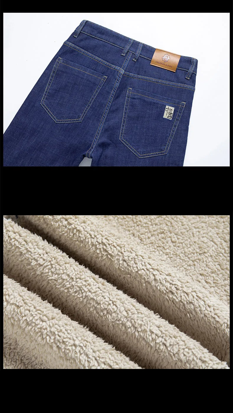 Men's Winter Fleece-Lined Lamb Denim Straight Stretch Jeans, Size 40