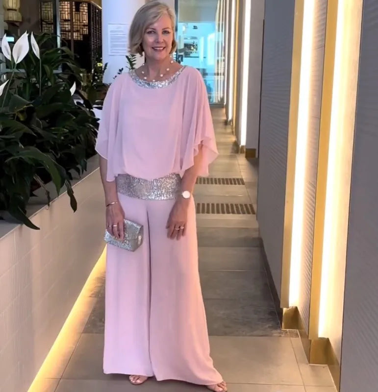 Women's Color-Block Glitter Batwing Top and Wide-Leg Pants Set