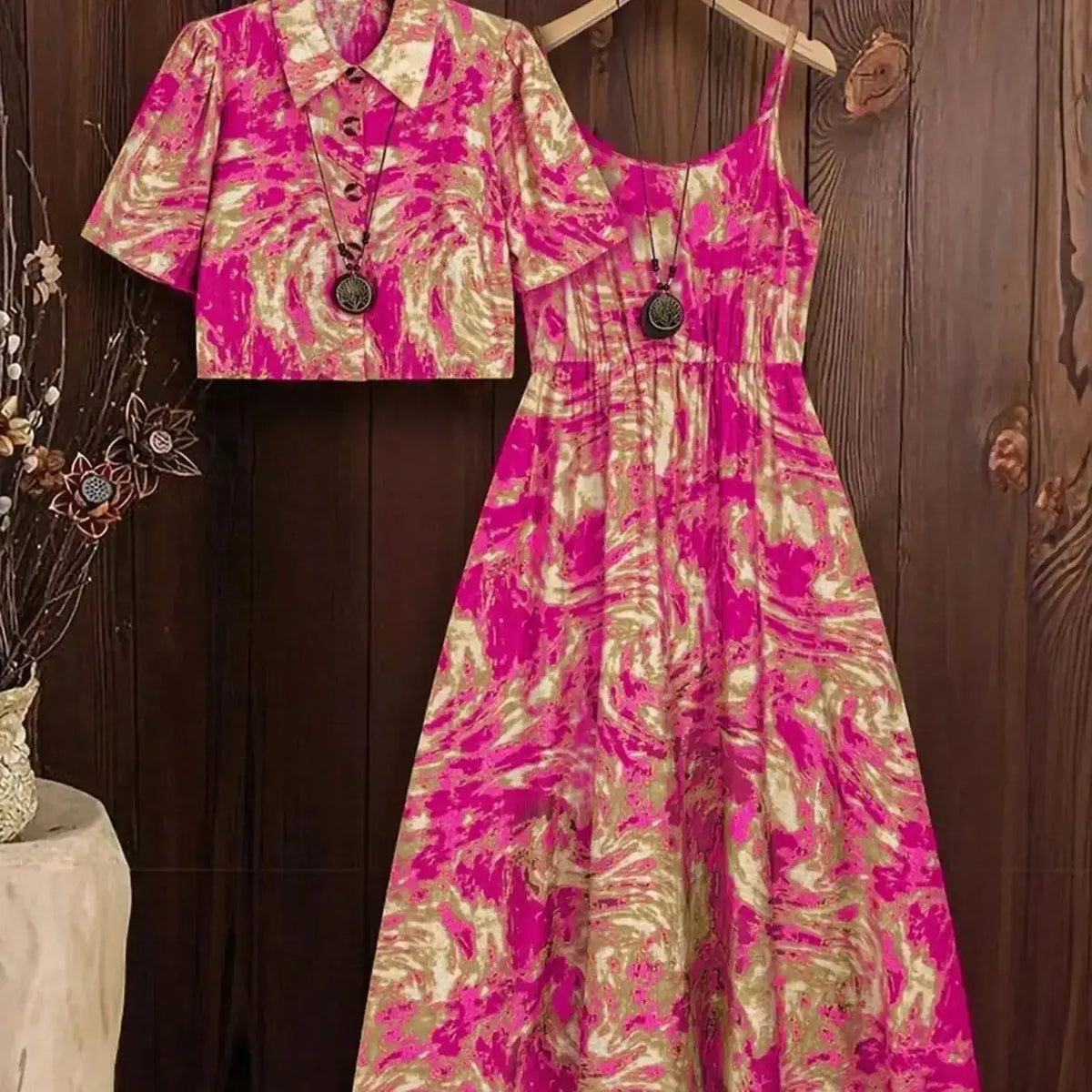 Women's Plus Size Marble Print Tank Dress and Top Set