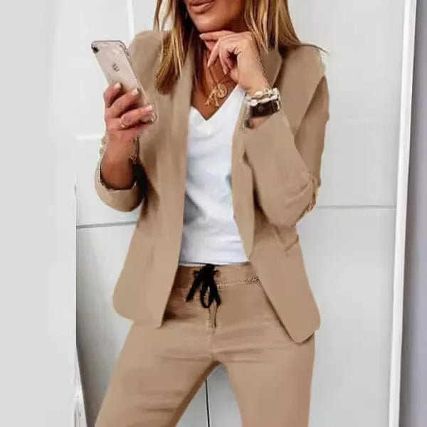 Women's Monochrome Drawstring Elastic-Waist Slit Suit Two-Piece