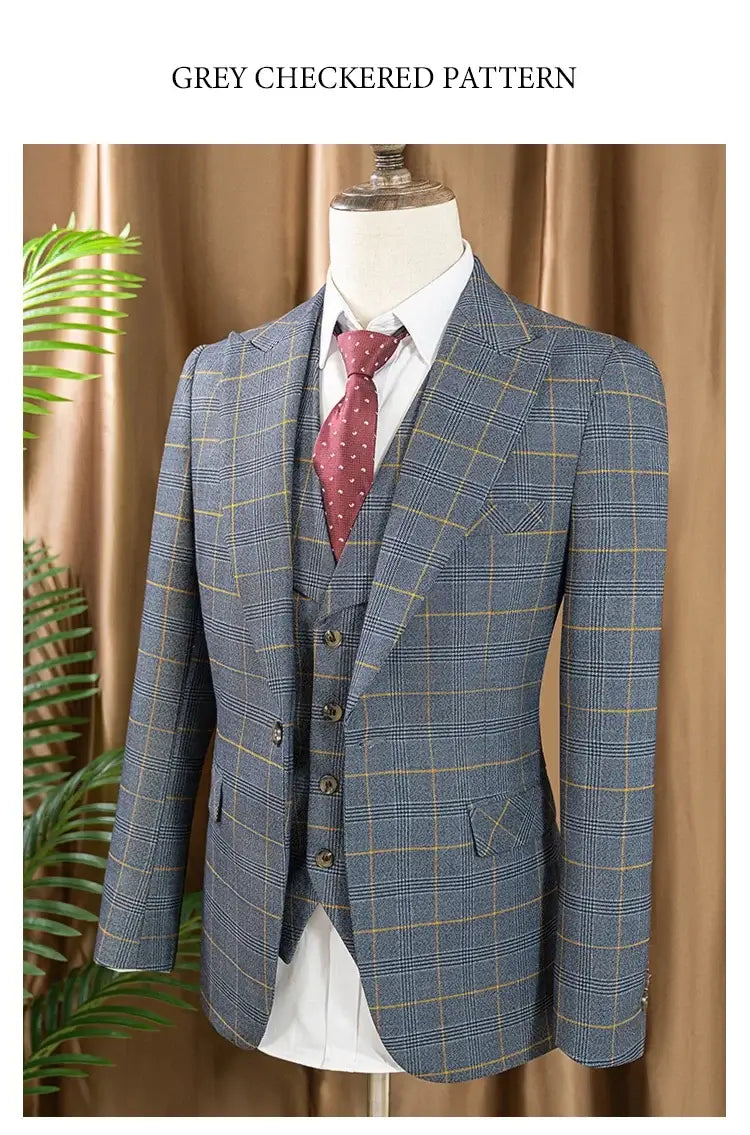 Men's 3-Piece Checkered Business and Wedding Suit