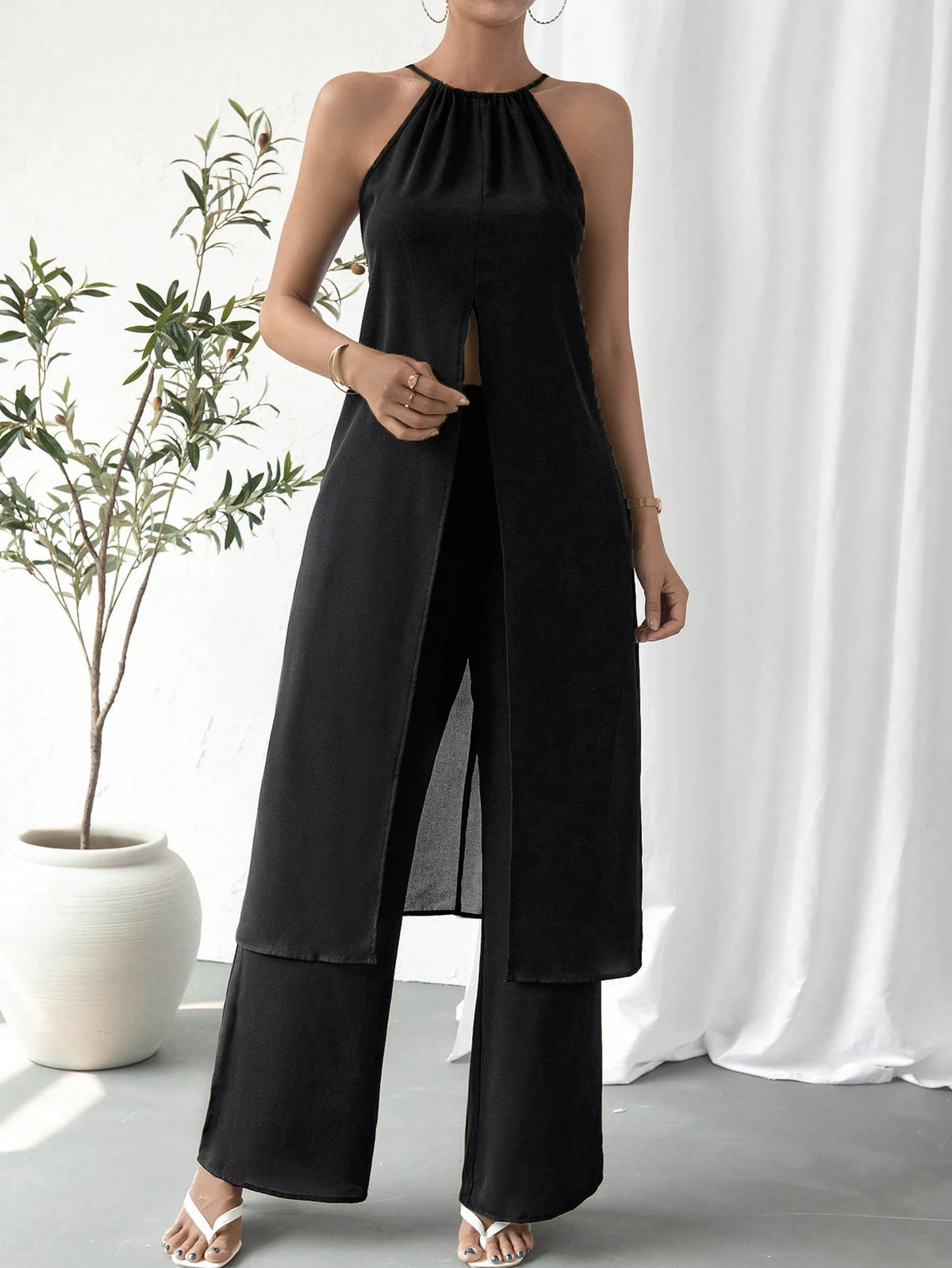Women's Solid Strap Design Two-Piece Set