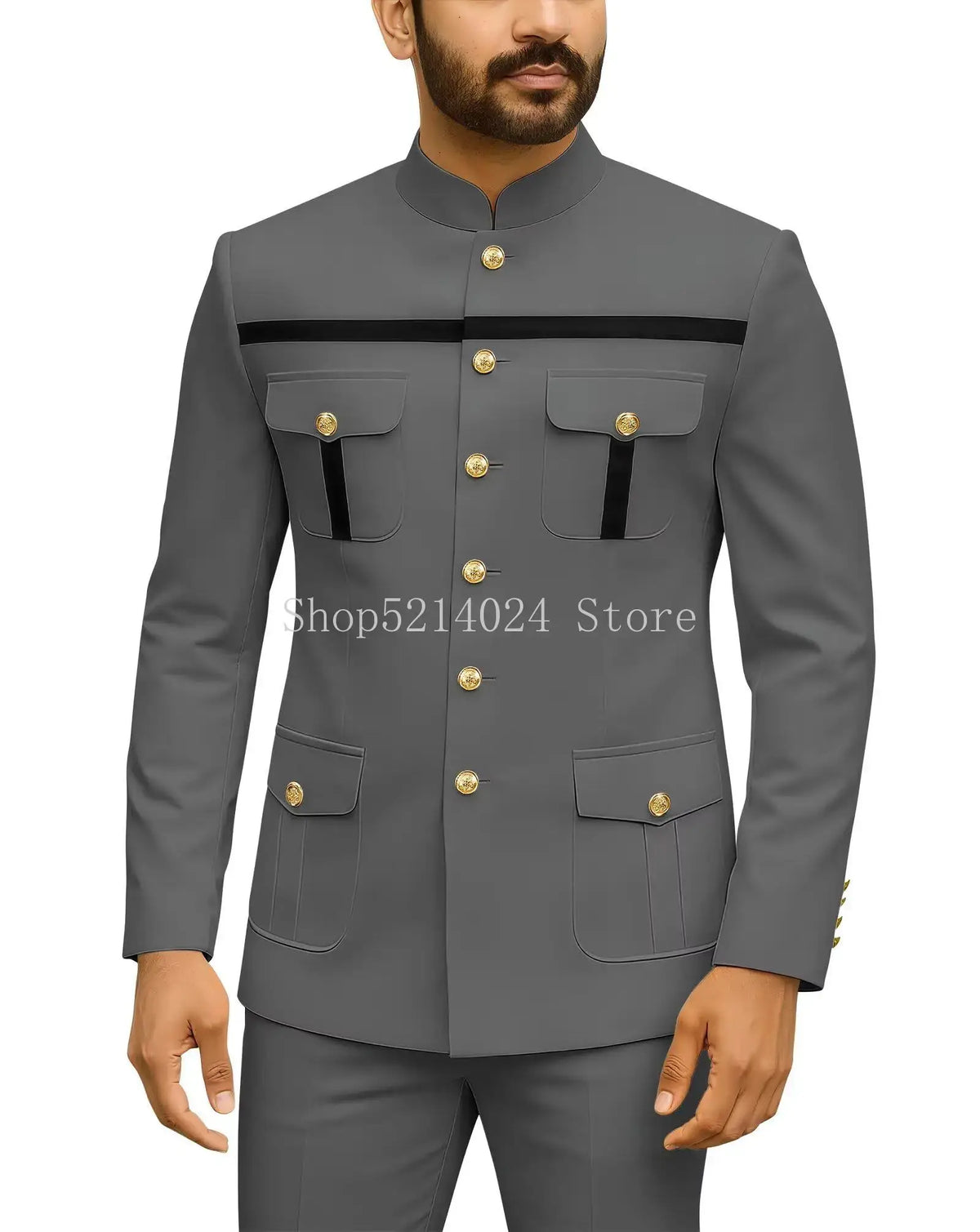 Mens Safari Suit 2 Piece Regular Fit Chinese Suit Stand Collar Gold Button Blazer Pants Set African Outfits