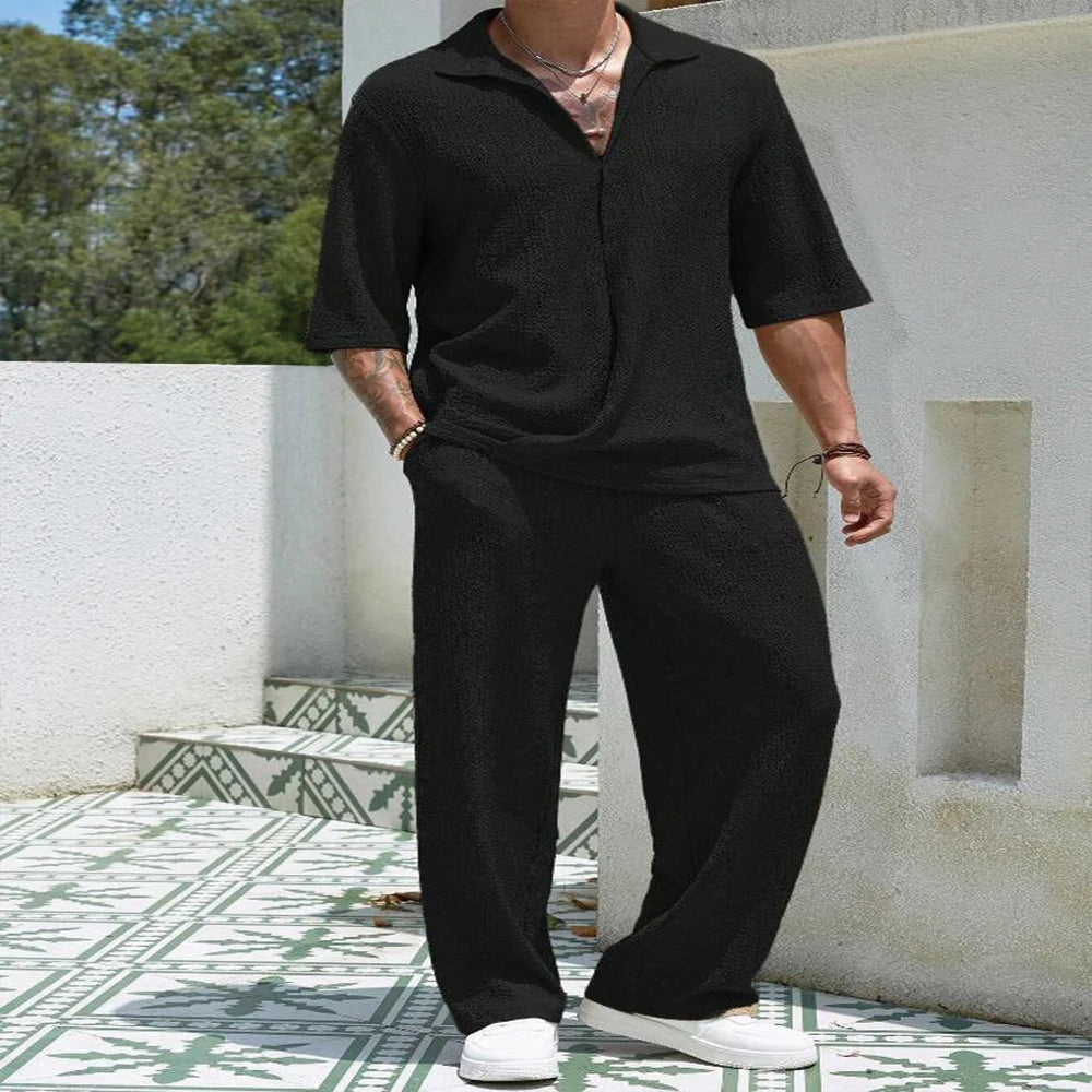 Men's Retro Half-Sleeve Shirt and Drawstring Pants Set