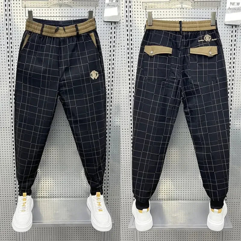 Men's Black Plaid Casual Pencil Trousers