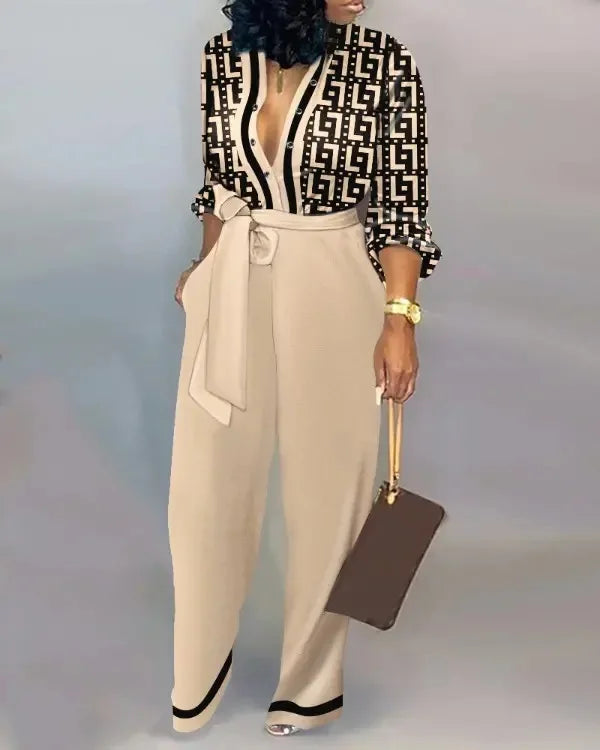 Women's Print V-Neck Belted Long Sleeve Jumpsuit