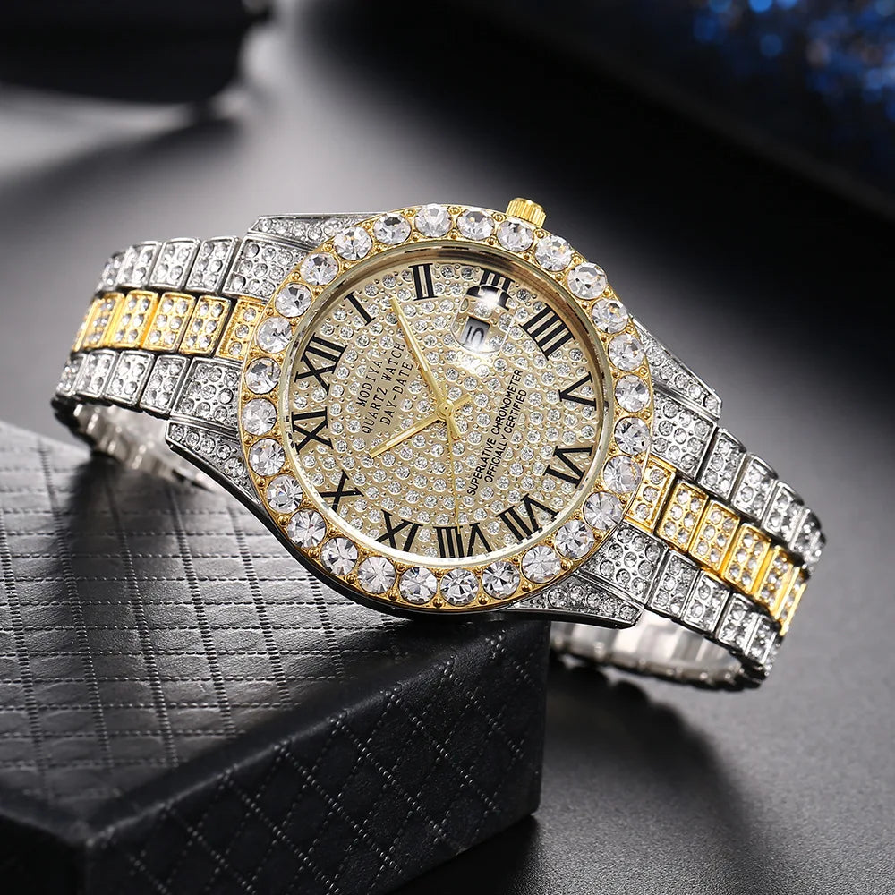 Men's Gold Steel Strap Roman Rhinestone Calendar Quartz Watch