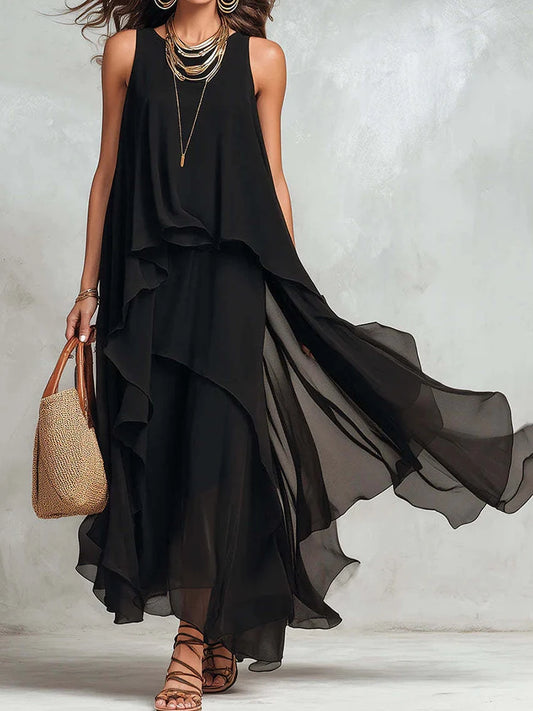 Women's Sleeveless O-Neck Irregular Maxi Holiday Dress