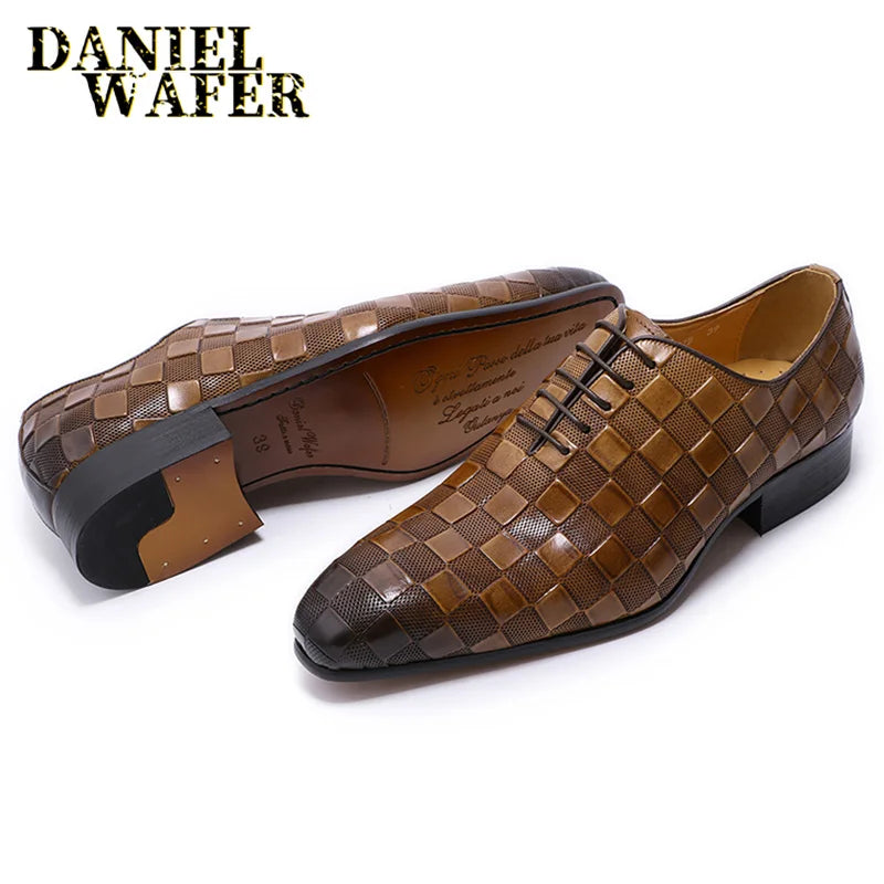 Men's Italian Leather Plaid Print Lace-Up Oxford Wedding Shoes