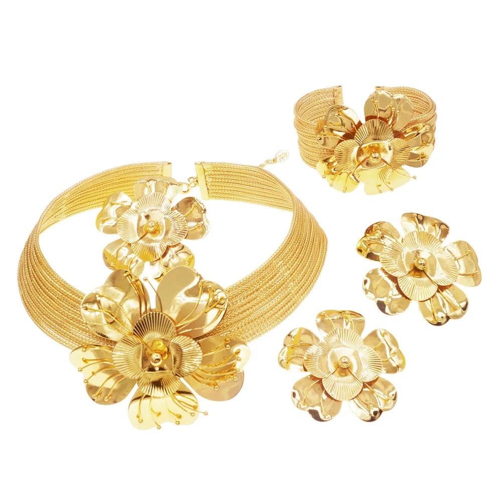 Women's Gold Plated Flower Necklace Earring Set