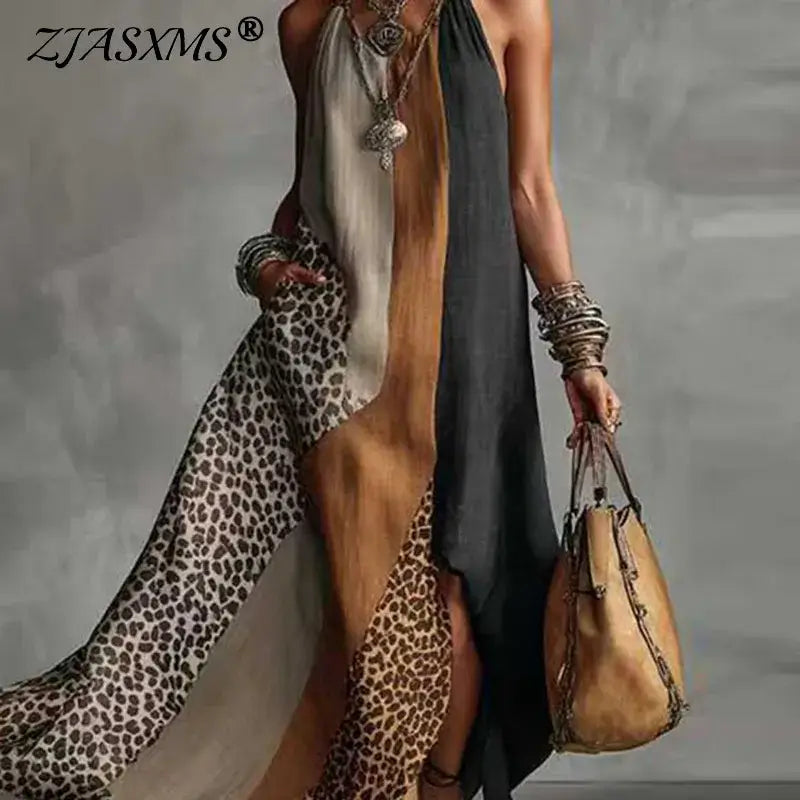 Women's Animal-Print Halter Split-Hem Maxi Dress, Sleeveless