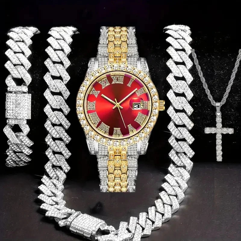 Men's Bling Quartz Watch and Cuban Chain Necklace Set