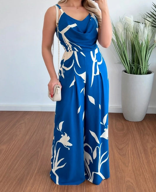 Women's Tropical Print Sleeveless Wide-Leg Jumpsuit